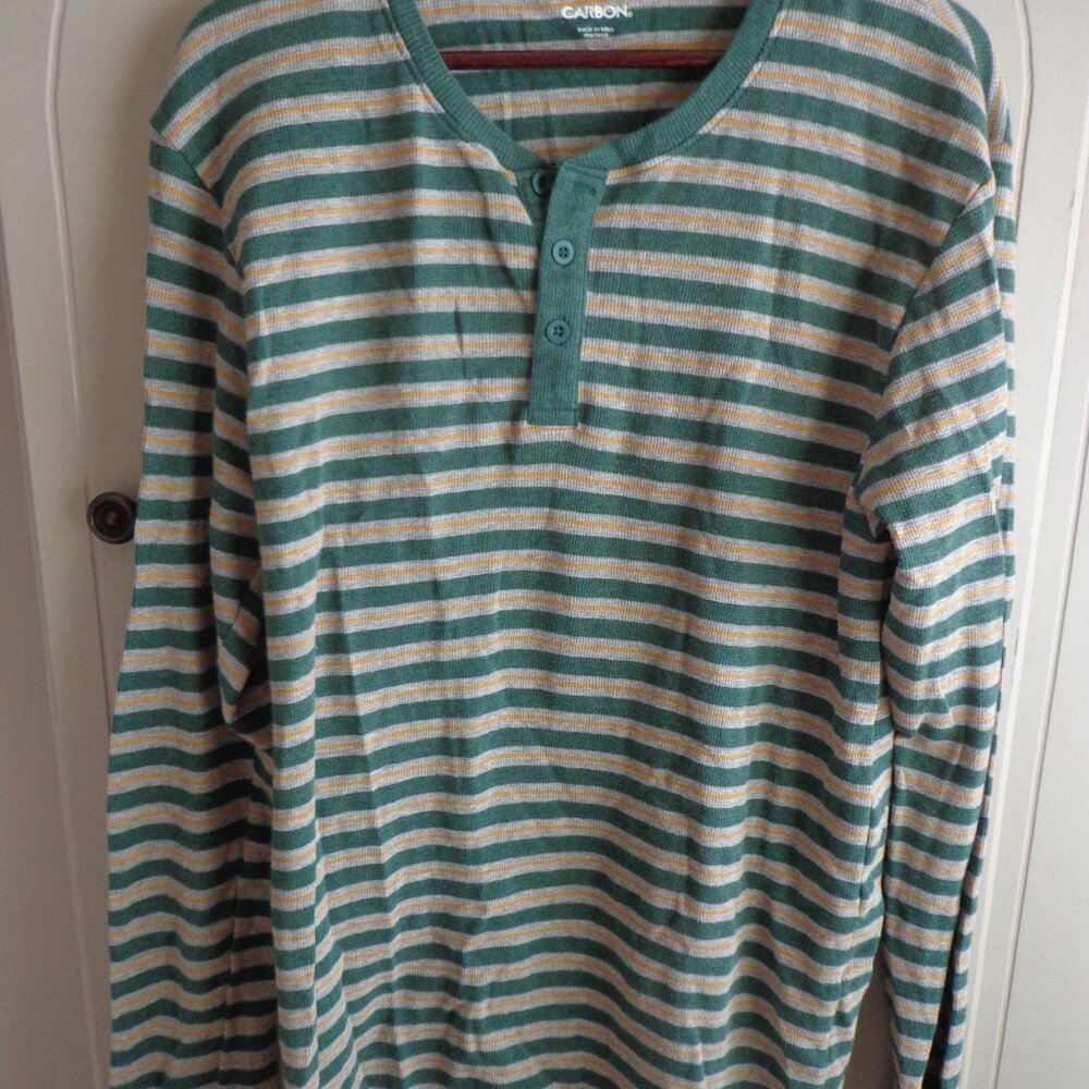Men's Carbon Striped Waffle-Weave Henley XL Crew Neck Long Sleeves Buttons